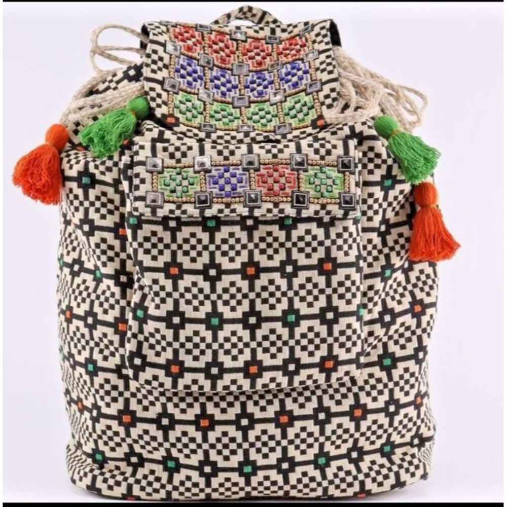 NEW Jean Louis Scherrer Woven Backpack DESIGNER STUD EMBROIDERED BOHO FESTIVAL *